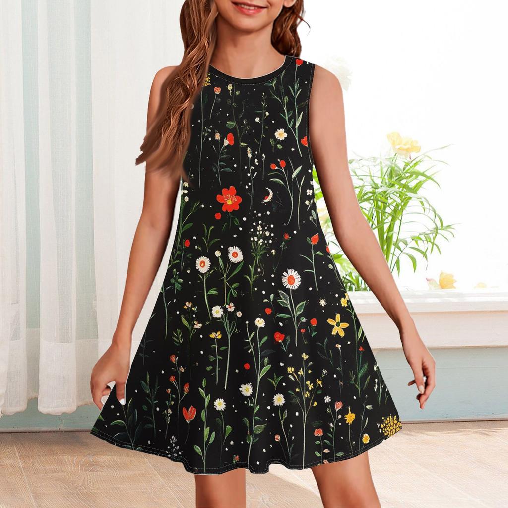 Girl Summer Dress Sleeveless Printed Color Casual Dress