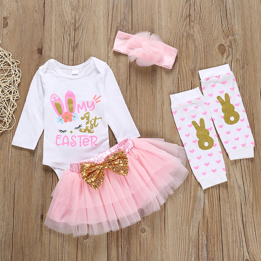 Toddler Kids Baby Girl Easter Bunny Rabbit Tops Bow Suspender Skirt Outfits Set