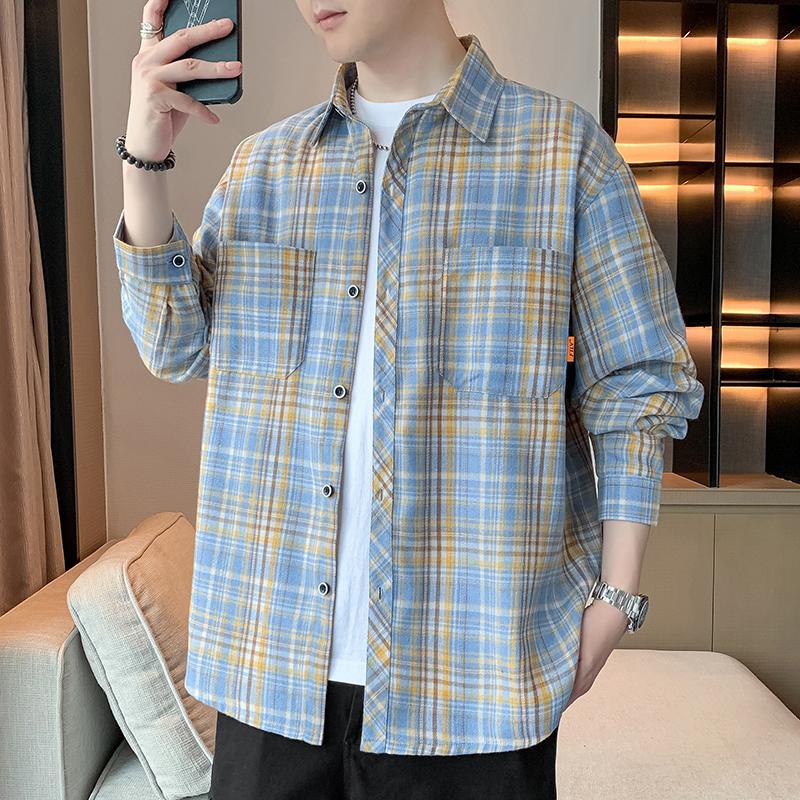 Spring Autumn Polo-neck Vintage Plaid Printing Shirt Men Long Sleeve Casual Fashion Cardigan Blouse All-match Top