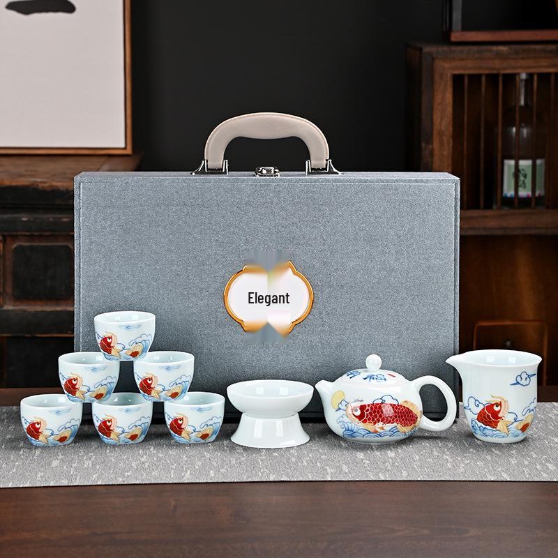 Red Arowana Na Fu Xishi Ceramic Kung Fu Gaiwan Tea Set with Gift Box