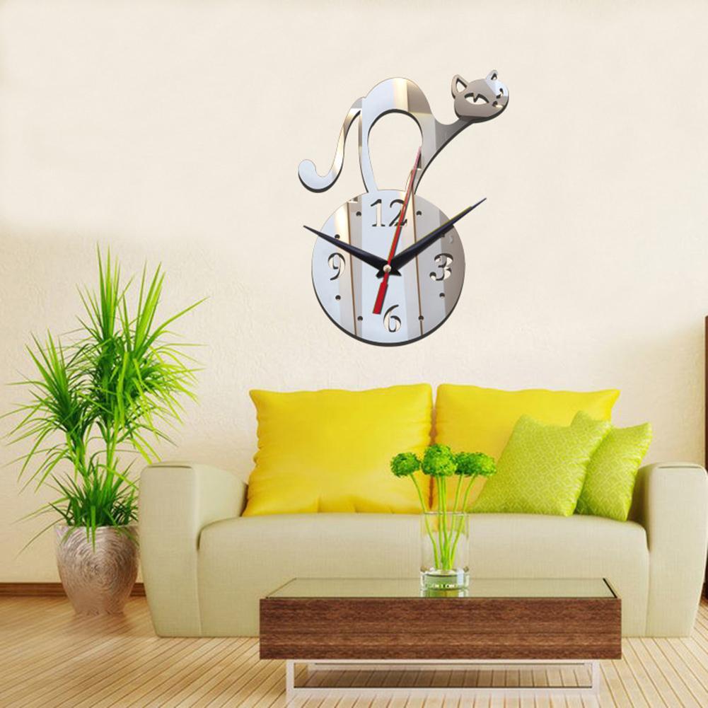 Creative Cat Wall Clocks Mirror Frameless Battery Operated Wall mounted Clocks For Home Living Room Decor