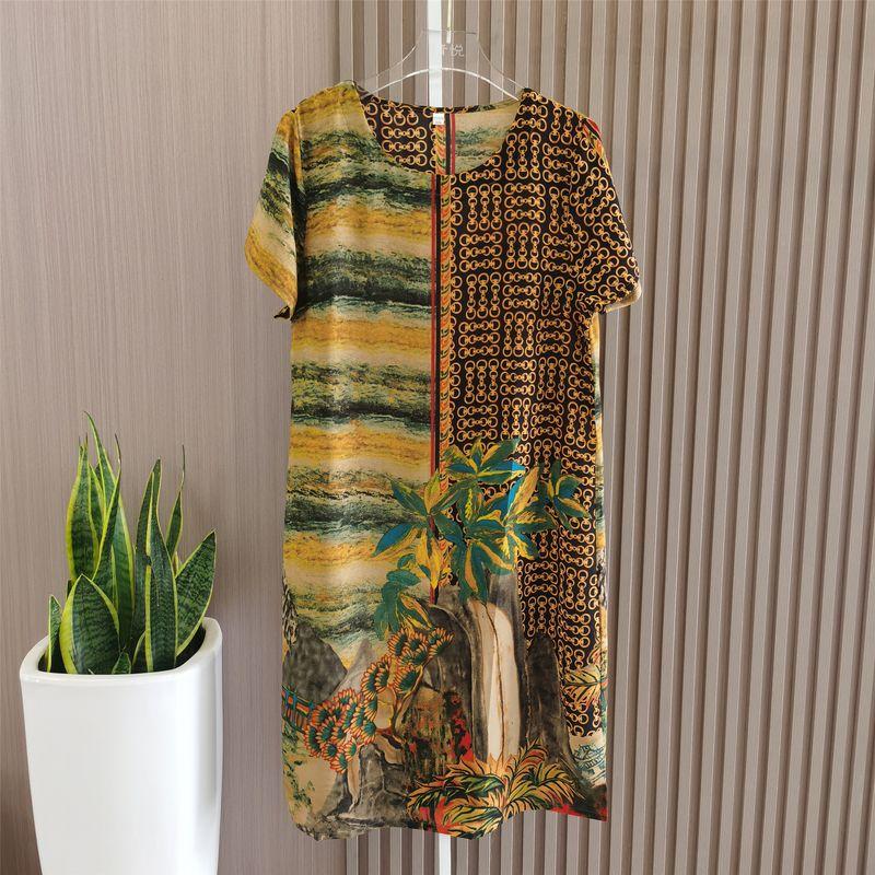 Mother's Day Gift Mother's Wear Silk Dress Summer Cool Thin round Neck Skirt Special Offer Plus Size