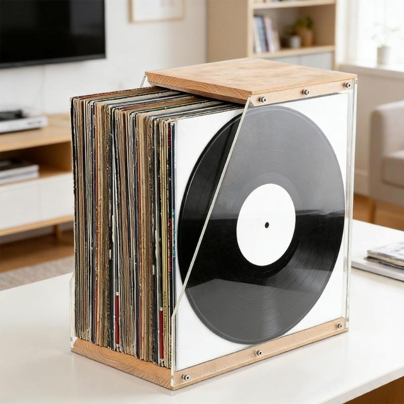 Multipurpose Vinyls Album Storage Case Wooden and Acrylic Record Magazines Display Rack Desktop Ornament