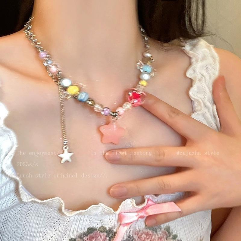 Dopamine color beaded star fringed necklace female new cute accessories sweet cool babes collarbone chain