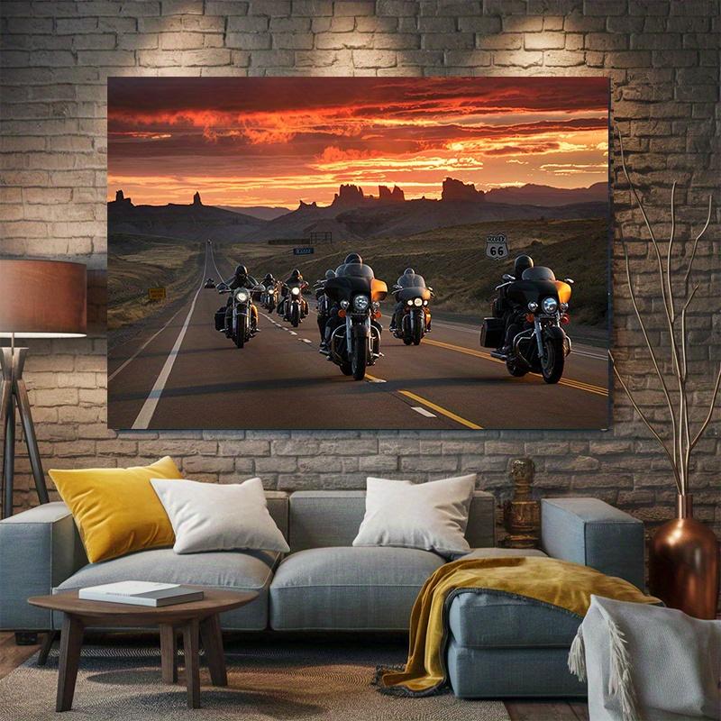 2D düzlem 1 parçalı motosikletli gün batımı yol gezisi arka planı ev ve duvar dekorasyonu