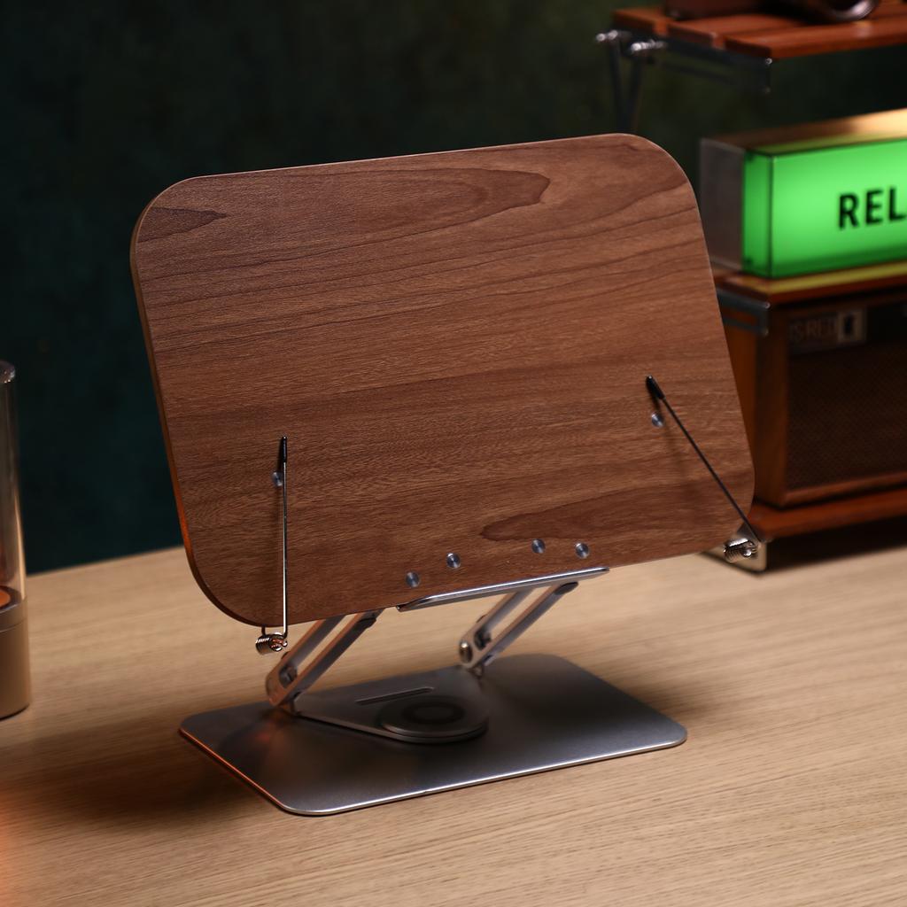 Bisofice Desktop Book Stand Wooden Panel & Page Clips Foldable and Angle for Reading with 360° Rotating Base for Textbook