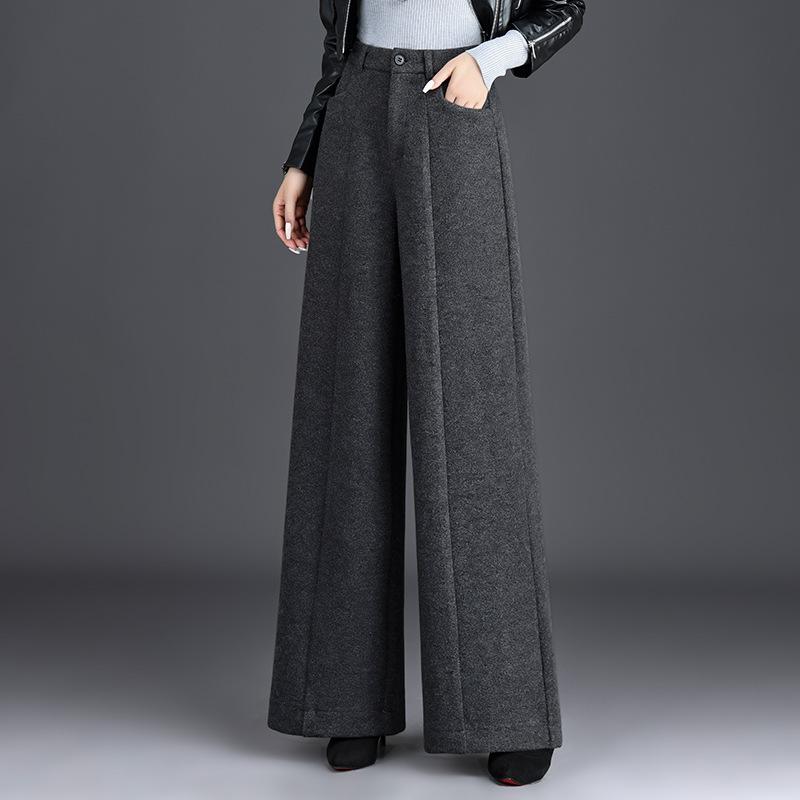 Women's High Waist Wide Leg Pants Straight Leg Pants Elegant Commuter Style Thick Woolen Fabric Pocket Design Winter Casual Long Trousers