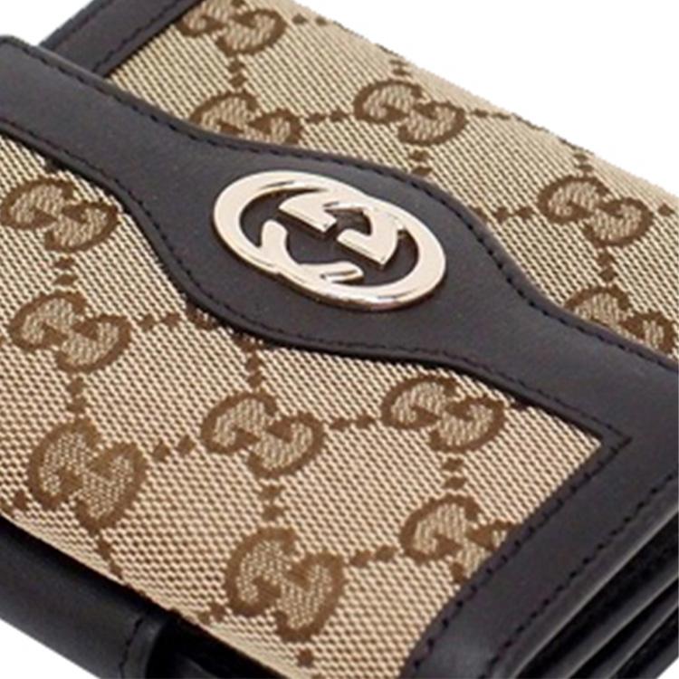 Gucci Silver Label Double G Logo Canvas And Leather Short Folded Wallet Women Wallet Ebony Dark-Brown 334457-FAFXG-9643