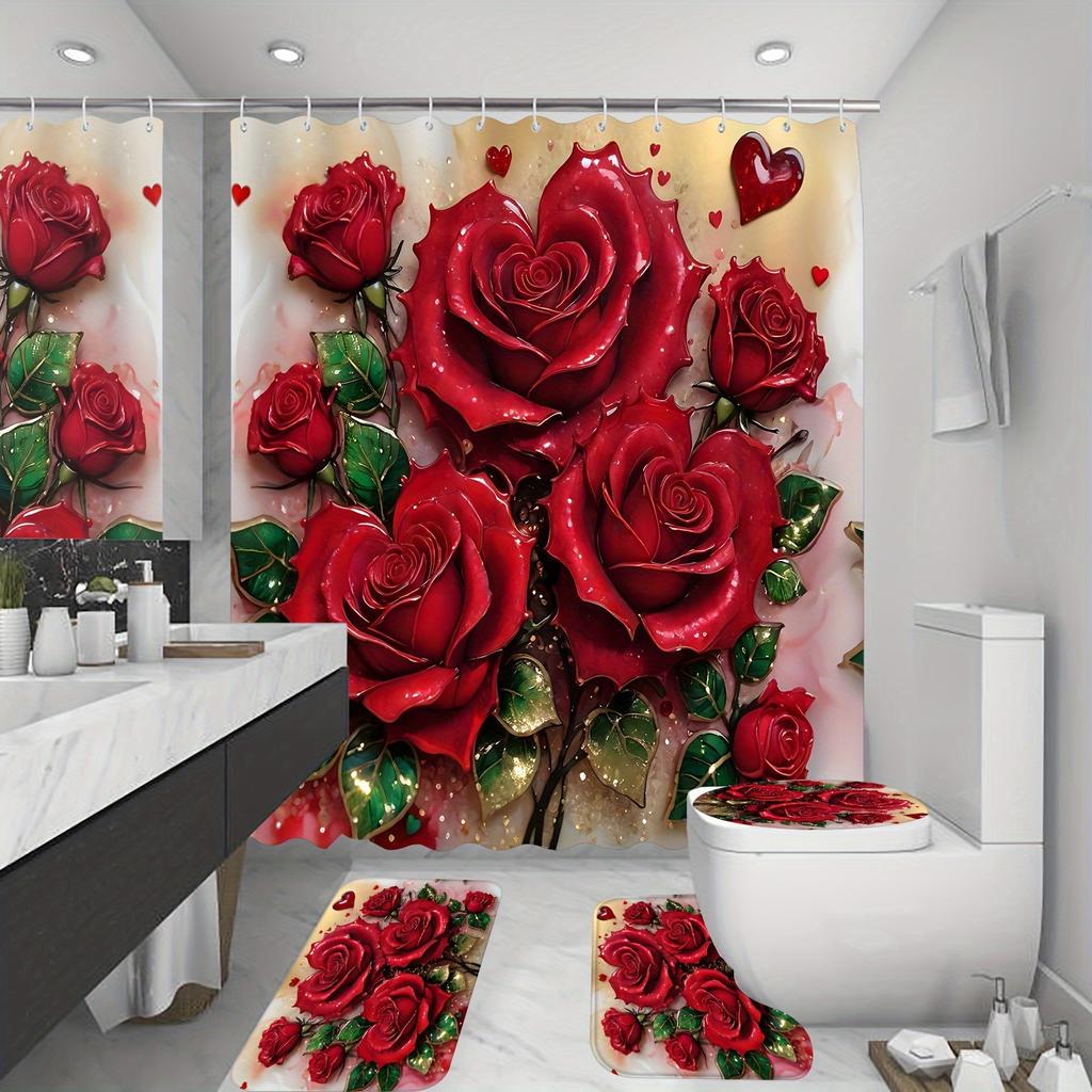 4 Stück Elegante Rote Rose Wasserdichter Duschvorhang mit 12 Haken Rutschfester Badteppich WC U-Form Matte WC-Deckelbezug Pad