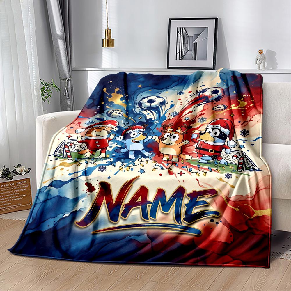 Bluey's Soccer Adventure Customize Your Name Blanket Gift Personalized Blanket Comfortable Versatile for Office Chair Couch Nap Picnics