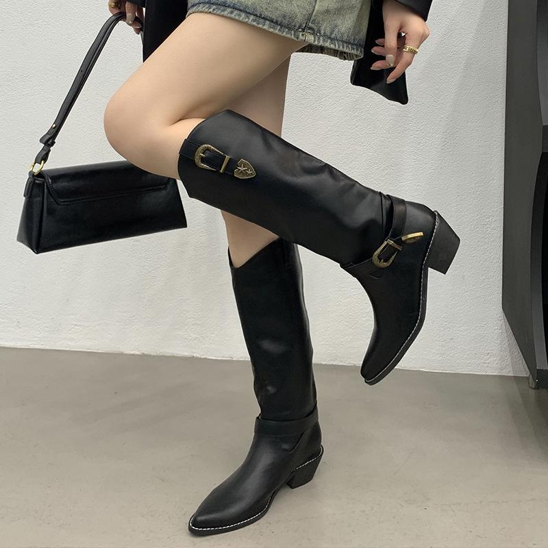 

Винтажные ковбойские сапоги в западном стиле женские с длинным голенищем, старые коричневые, с острым носком, на толстом каблуке, универсальные, но до колена, рыцарские сапоги, осенние 41