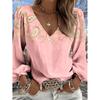 Fashionable Retro Motif Printed Lantern Sleeve, V-neck Women's Long-sleeved Shirt, Suitable for All Seasons
