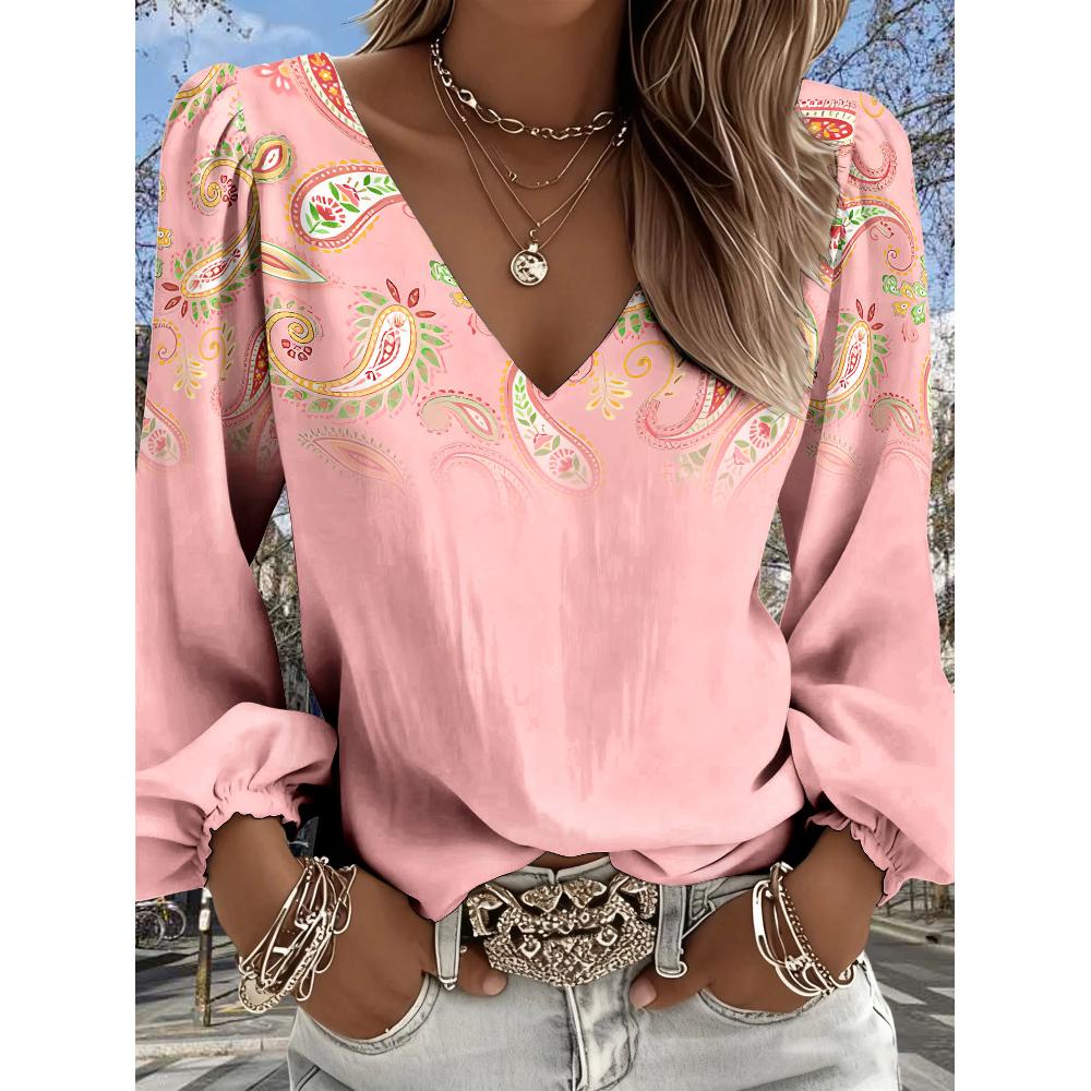 Fashionable Retro Motif Printed Lantern Sleeve, V-neck Women's Long-sleeved Shirt, Suitable for All Seasons