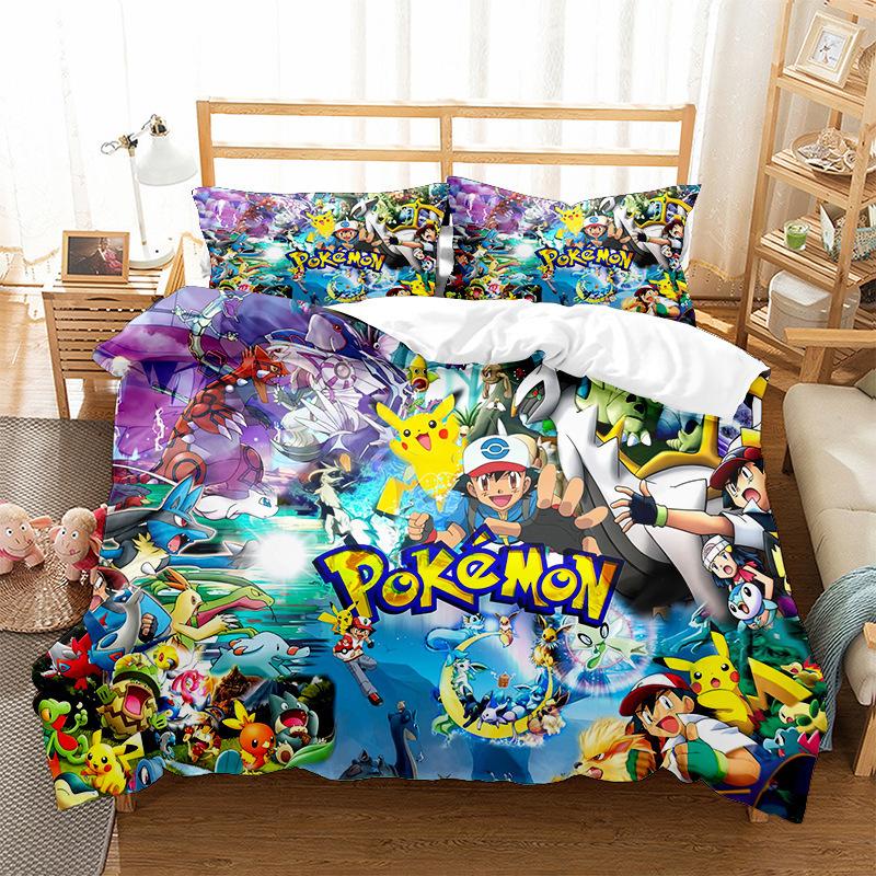 Pokemons Cartoon Anime Bedding Set Kawaii Pikachu Gengar Eevee Charizard Quilt Duvet Cover Pillowcase Kid Bed Set Twin King Size