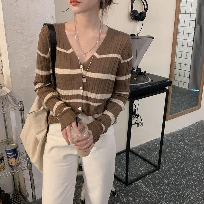 Women's Spring Outer Wear Color Block Striped Knit Cardigan Sweater Coat Slim Short Long-sleeve Top
