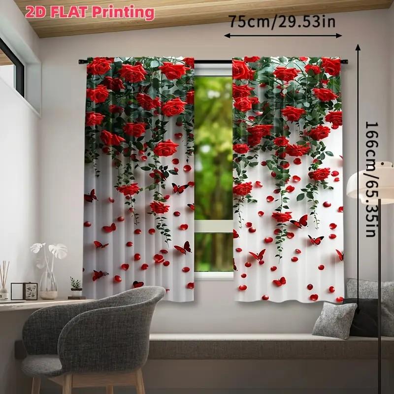 Light Filtering Romantic Red Rose Butterfly Print Curtains Flat Digital Design Fabric Perfect Living Room Curtain Set Of 2 Made Polyester Washable