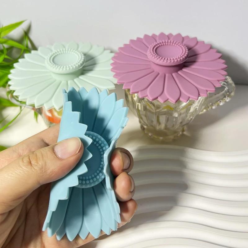 Set 3 pezzi Coperchi in silicone a forma di girasole Multifunzionali Antipolvere e Antigoccia Copertura per tazza da tè e caffè