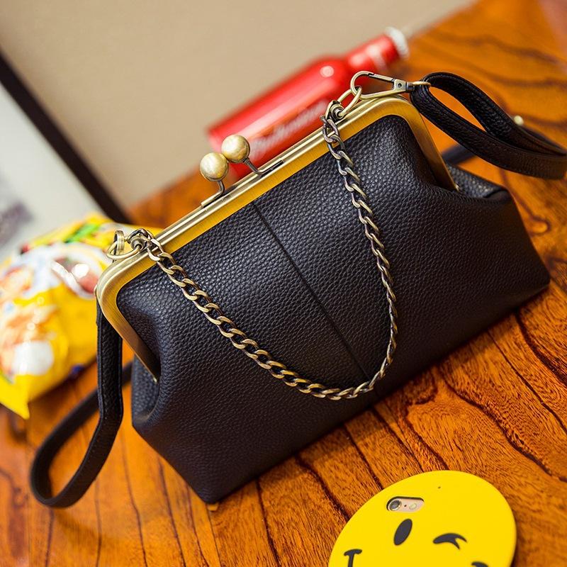 New Women's Bag Clip Mouth Shell Bag Autumn and Winter European Retro Hand-held Shoulder Bag PU Chain Bag