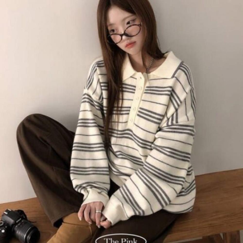 The Pink Men Oversized Collar Neck Stripe Long Sleeve Knit