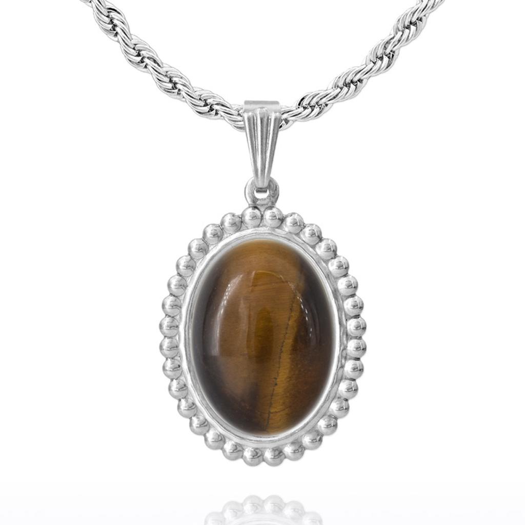 Les Trésors De Lily [R5945] - Handmade Steel Necklace 'Mineralia' Silver Tiger Eye - 25x20 Mm