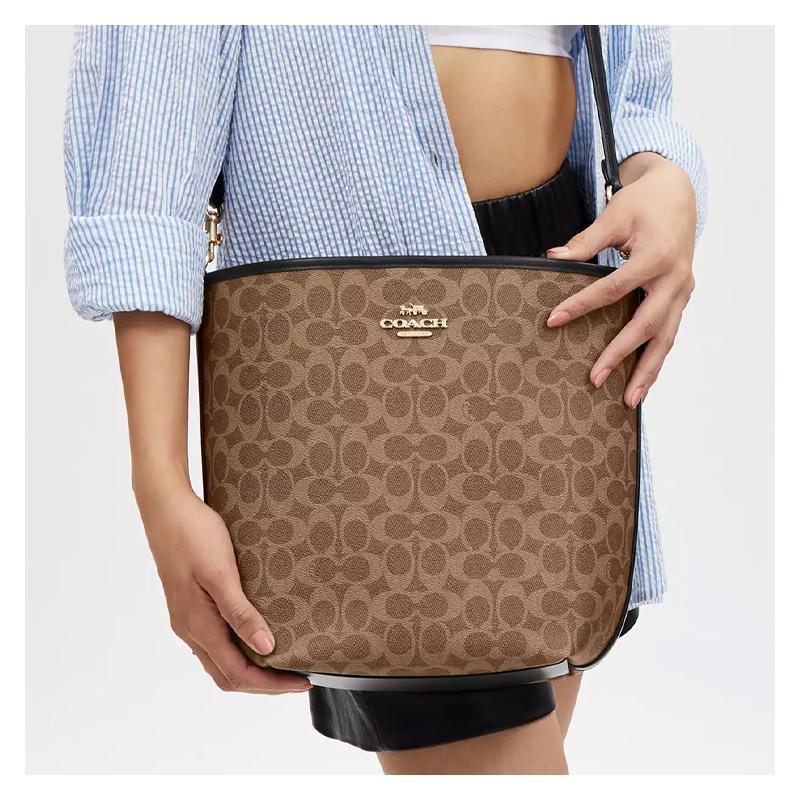 Coach City Bucket 35 Presbyopia All-over Metal Logo Signature Coated Canvas Bucket Bag Crossbody Handle Shoulder Bag Large Women's Tan and Black