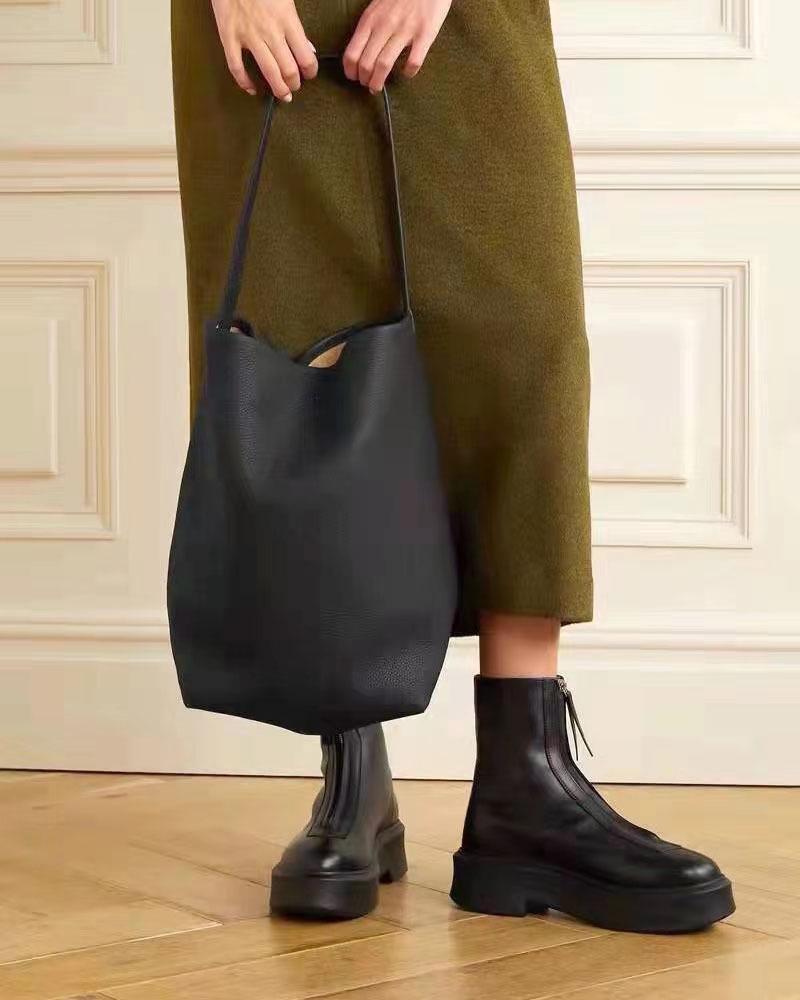 Women's Lychee Pattern Cowhide Bucket Bag - Large Capacity, Commuter Style, Single Shoulder, Lightweight Genuine Leather