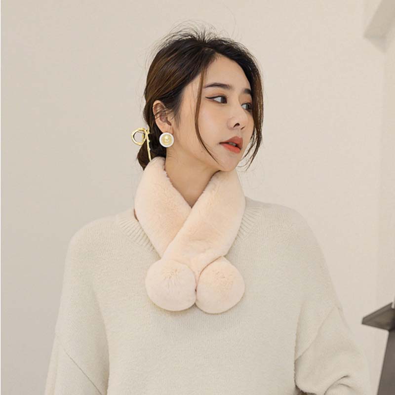 Women Winter Real Rabbit Fur Scarf With Button Fashion Female Warm Natural Soft Fur Scarves High Quality Neck Warmer Double ball