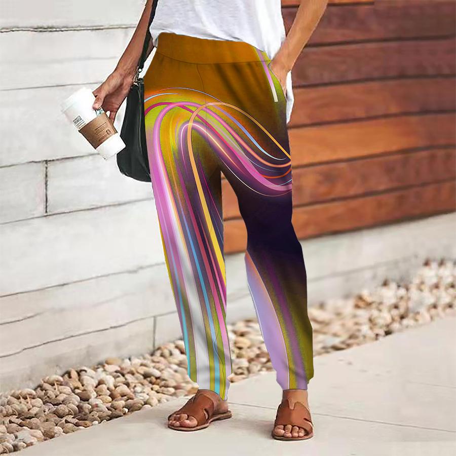 Dámské abstraktní potištěné kalhoty šněrovací elastický pas volné kalhoty ležérní dlouhé kalhoty kalhoty s kapsami