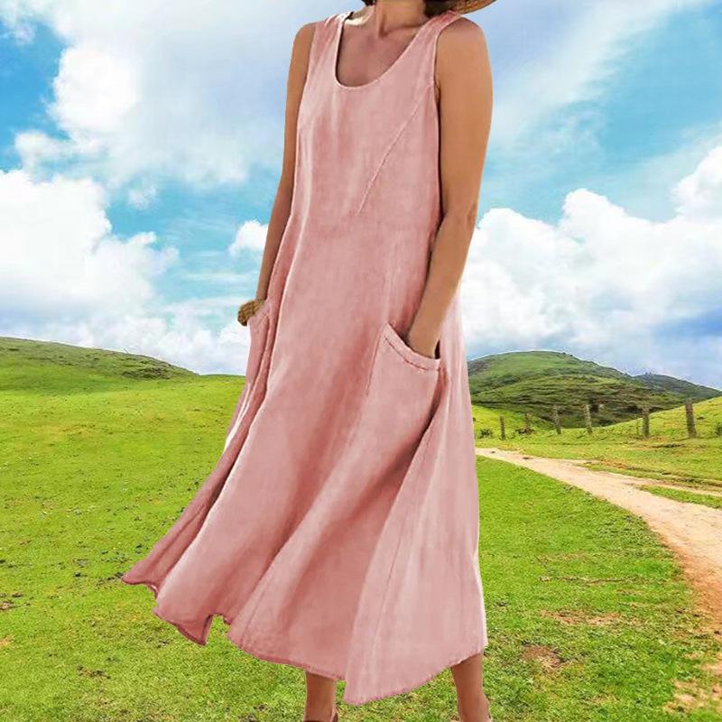 Vestido Maxi Feminino de Linho com Gola U, Sem Mangas e com Bolsos