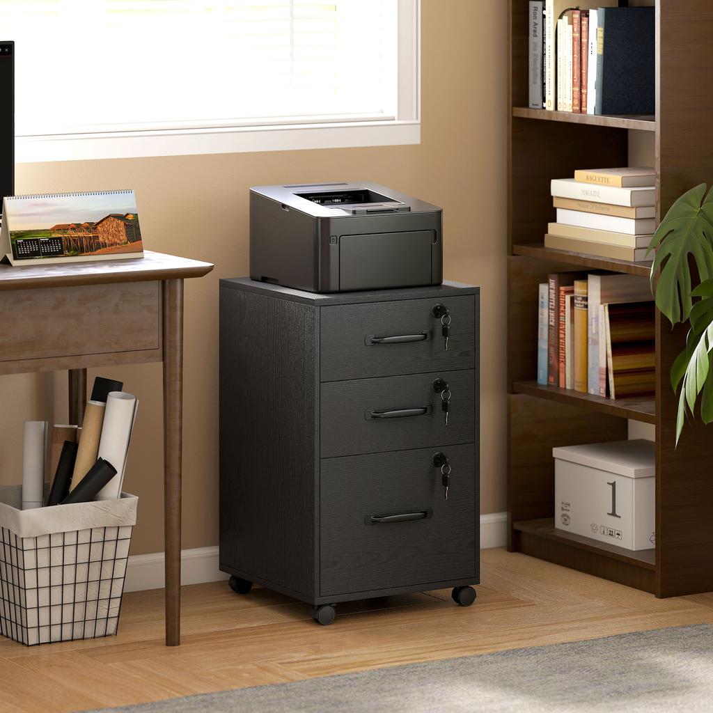 Mobile Office Cabinet with 3 Lockable Drawers, Rolling Storage Cabinet, 40 x 40 x 69.5 cm, Black