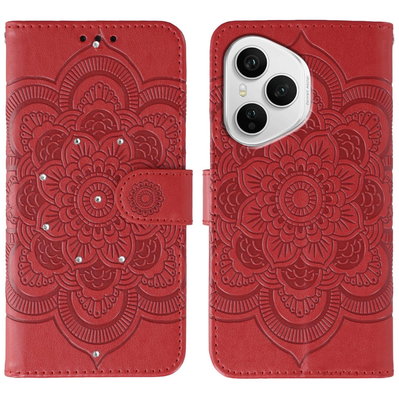 

For Honor 400 Pro 5G (Global) Case Rhinestone Decor PU Leather Mandala Imprinted Design Phone Cover with Wrist Strap Red