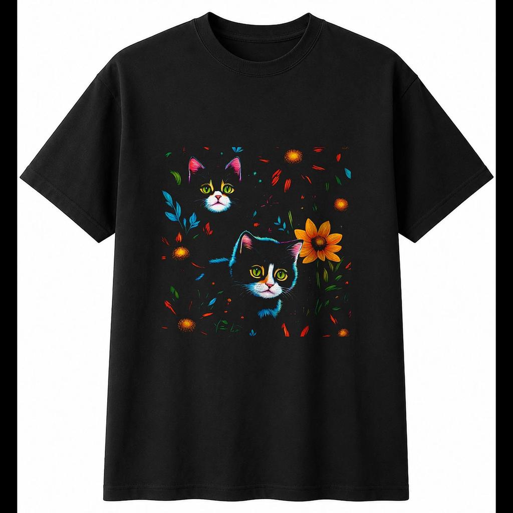 Kitten Colourful Cat Cute Mens T-Shirt Black 100% Cotton Adorable Printed