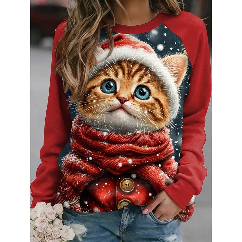 Christmas Women's Sweatshirts Cute Cat Graphic Casual Long Sleeve O-Neck Regular Tops