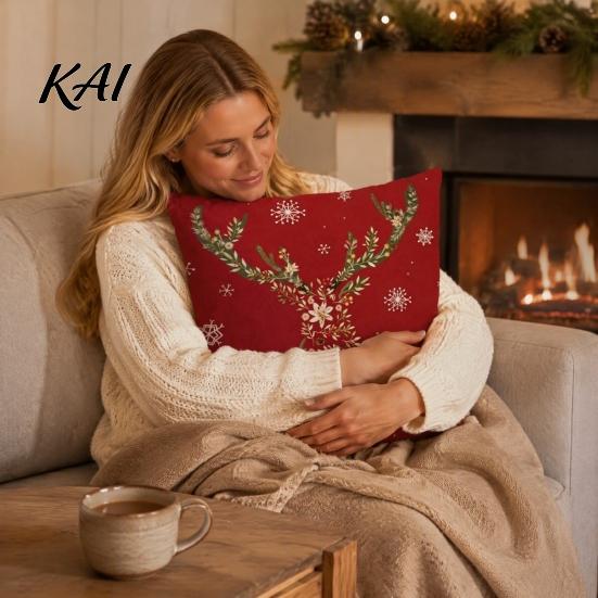 Christmas Pillow Covers Set of 4 Throw Covers, Red Poinsettia Reindeer Pine Branch Cozy Holiday Accent Pillows Cushion Cases, Xmas Decor for