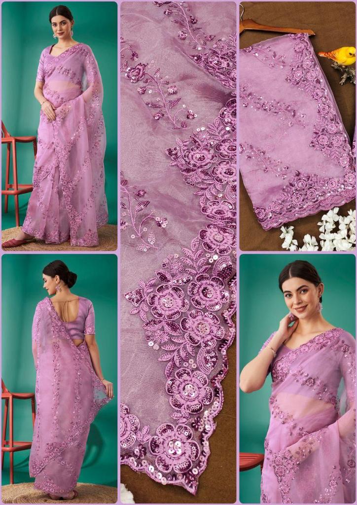 Women's Organza Silk Embroidered Saree with Mono Diamond Silk Blouse | Designer Sequins Wedding Party Saree