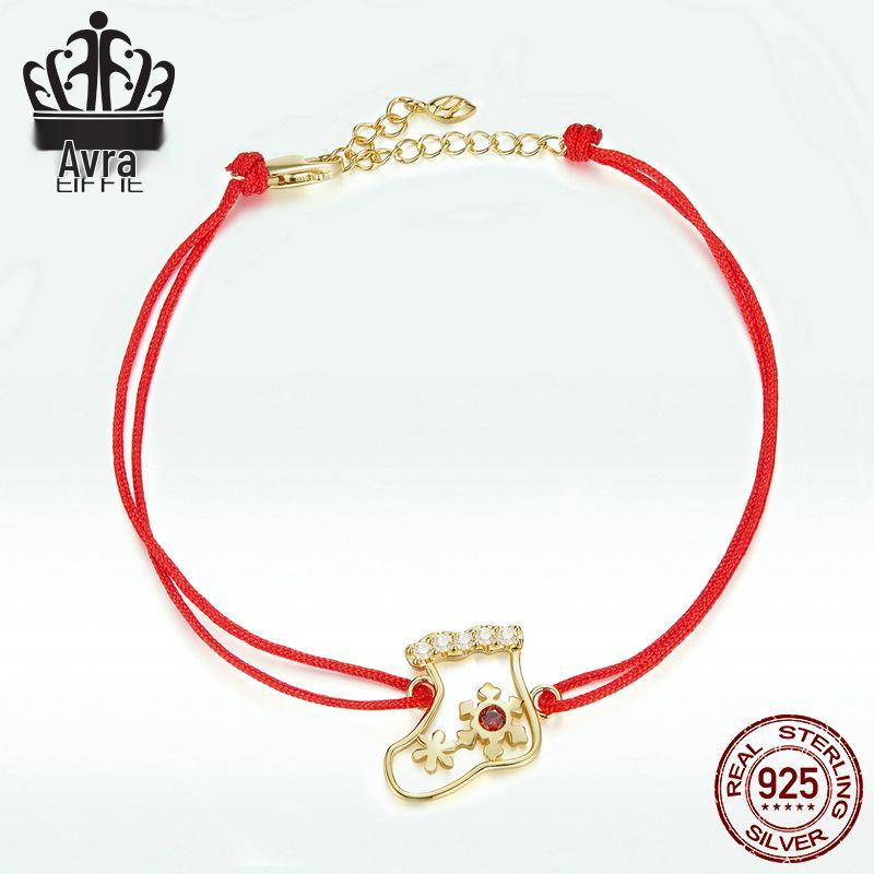 Everle Christmas Stocking Bracelet: Hand Rope Sterling Silver S925 with Gold Plated Zircon, Red Hollow Stocking Design