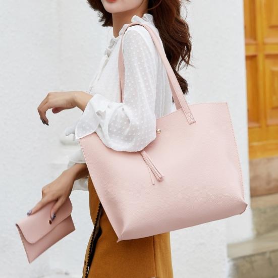 Women Tote Bag Solid Color Shoulder Bag Magnetic Closure Faux Leather Handbag with Separate Small Clutch for Work Travel Party