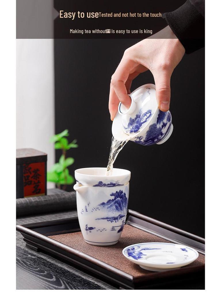 Dehua Blue & White Dragon Pattern Ceramic Tea Cup Set - Chinese Retro Kung Fu Style