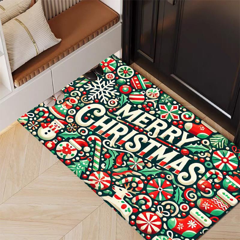 Flannel Thickness 0.47inch - 1pc Merry Christmas Cartoon Christmas Gift Doormat, Tree, Snowflake, Candy Print Absorbent Non-Slip