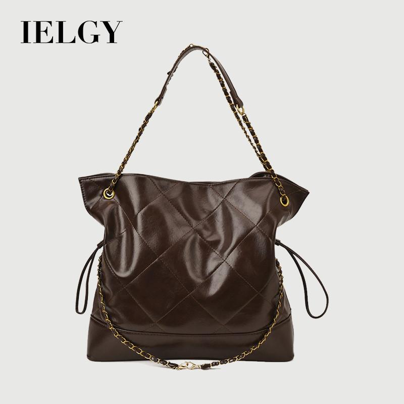 IELGY Oil Leather Retro Large-Capacity Tote Bag Loose Commuter Shoulder Portable Bucket Bag