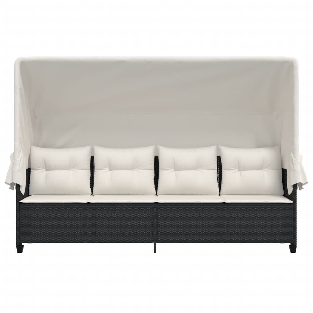 Vidaxl Sun Lounger with Canopy and Cushions, Black, Poly Rattan