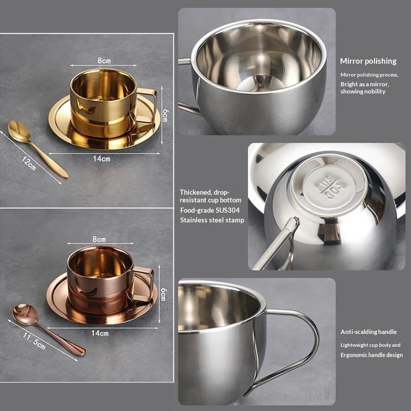 Tasse à café en acier inoxydable 170/200/250/280 ml Tasse à lait et ensemble soucoupe Avec sous-tasse Tapis Cuillère Poignée Facile à nettoyer et réutilisable