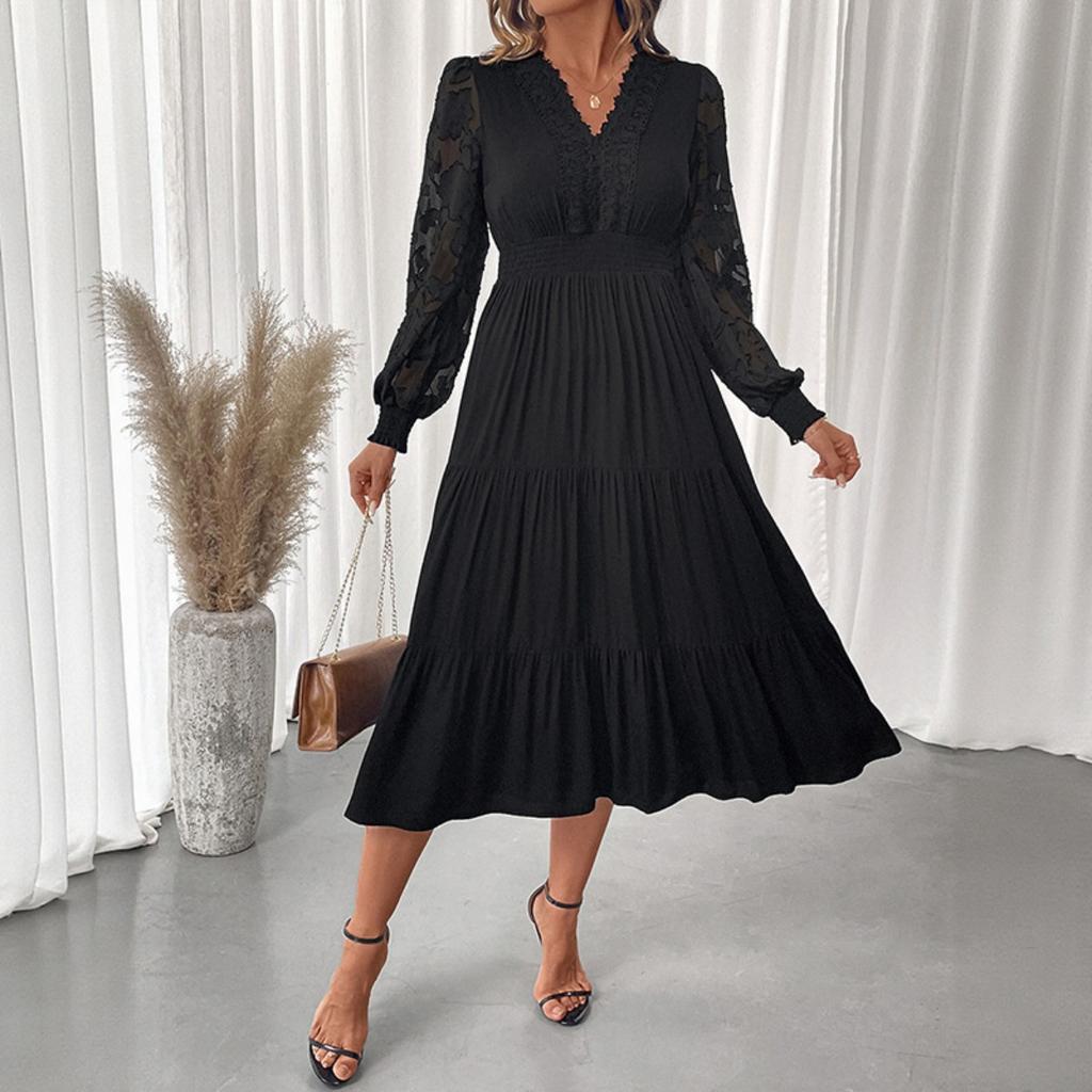 New Women's Elegant V-Neck Waist Cinched Solid Color Lace Long Sleeve Dress Leisure