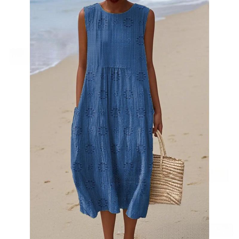 European and American New Summer Flower Ocean Printing European Size Round Neck Sleeveless Long Dress Creative Loose Dress
