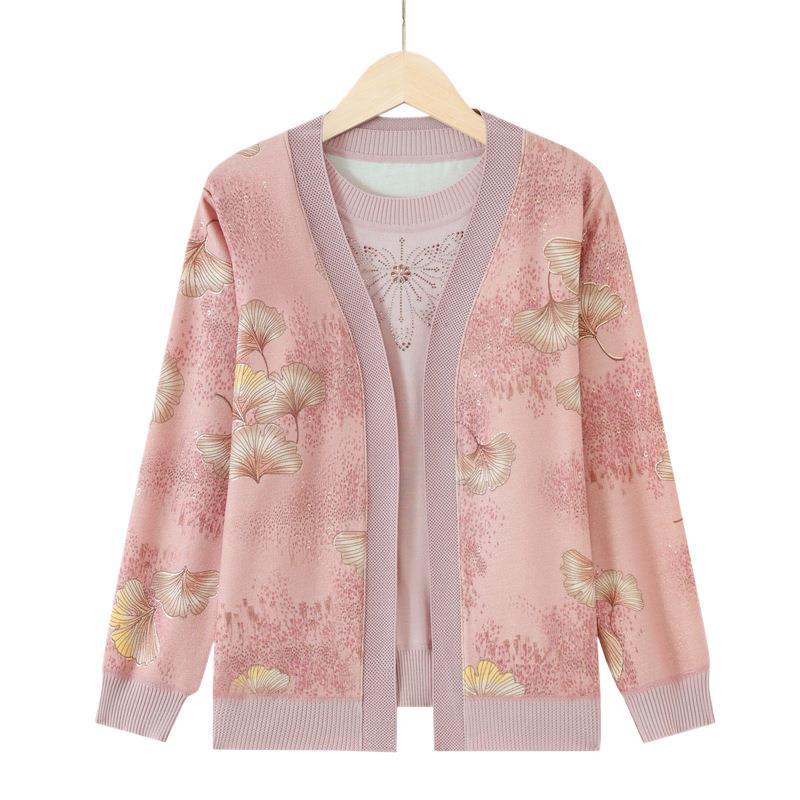 Mom's Spring Knitwear Two-Piece Set: Stylish Cardigan & Top for Middle-Aged & Elderly Women