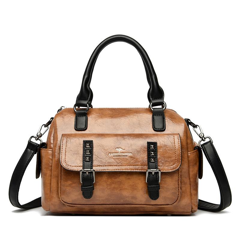 Klasická retro ležérní motocyklová taška s texturou pravé kůže dámská kabelka