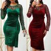 Seksi Kadınlar Uzun Kollu Dantel Patchwork Dantelli Bodycon Parti Elbise See Through
