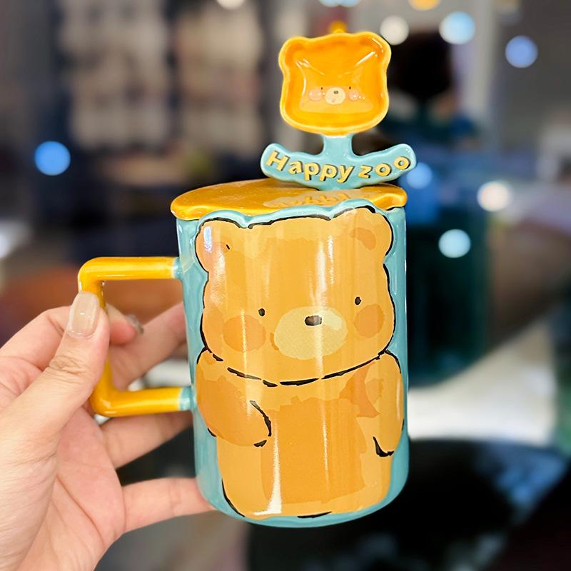 Cute Cartoon Three-Dimensional Bear Rabbit Ceramic Mug With Lid Spoon High-Value Office Coffee Cup Souvenir