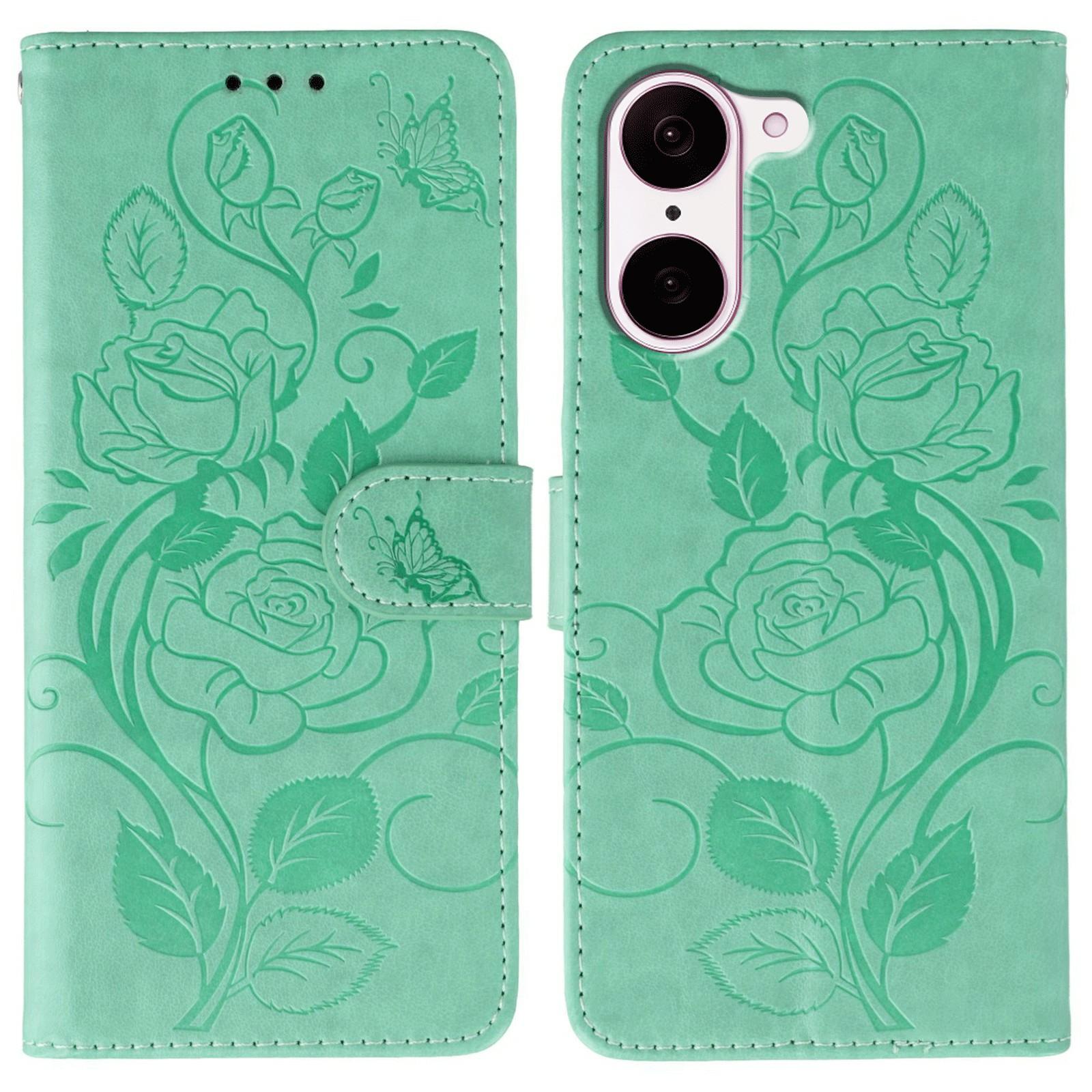

For OnePlus Nord CE5 5G/Ace 5 Racing 5G Case Wallet Stand Imprinted Rose Butterfly PU Leather Phone Cover Green