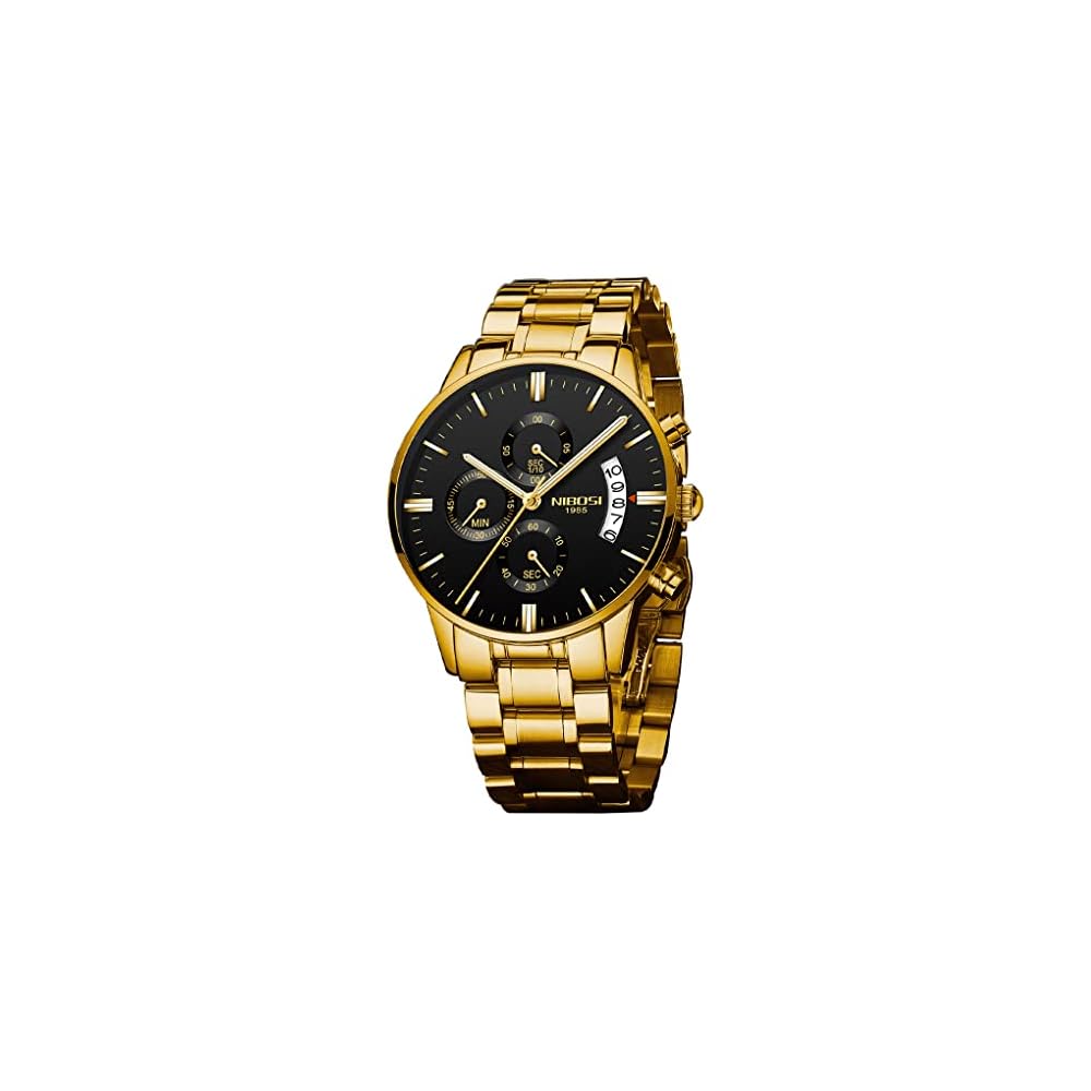 NIBOSI Men s Business Chronograph Watch Big Face Analog Black Stainless Steel Metal Band